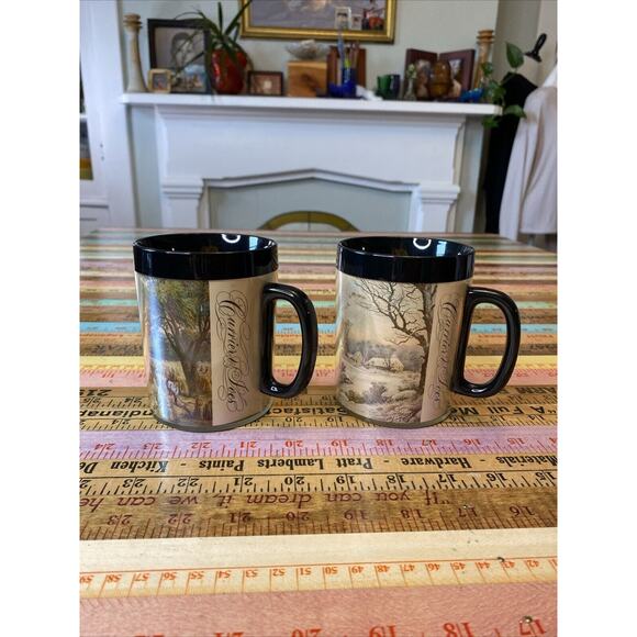 2 Vintage 80s Thermo-Serv Coffee Mugs made in USA Cabin Mill Print Currier Ives - Picture 1 of 11